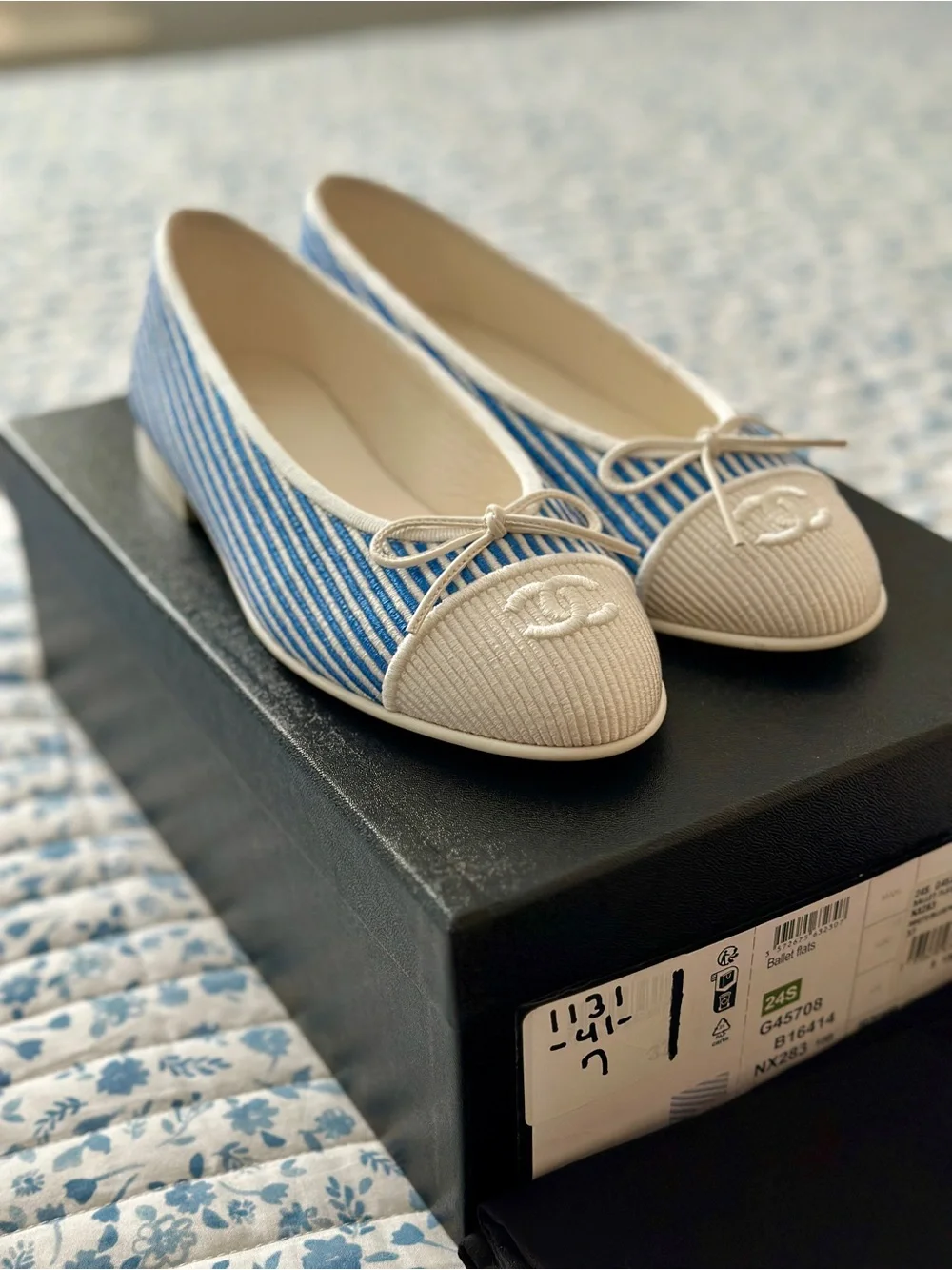 CHANEL Blue Striped and Cream Cap-Toe Ballet Flats
